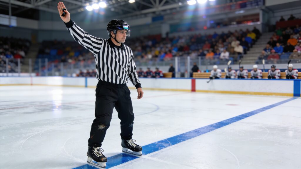 linesman calling icing in hockey